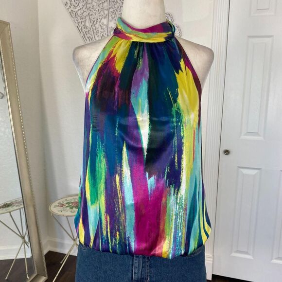 Bcx Early 2000's Cinched Multi Colorful Satin High Neck Tie Halter Top L - Picture 4 of 6